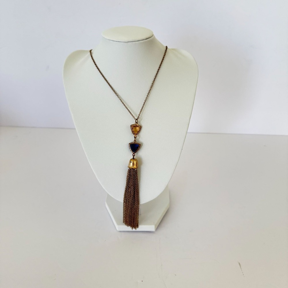Vintage Gold Tone Chain Necklace With Tassel Pendant & Gem Accents 20"